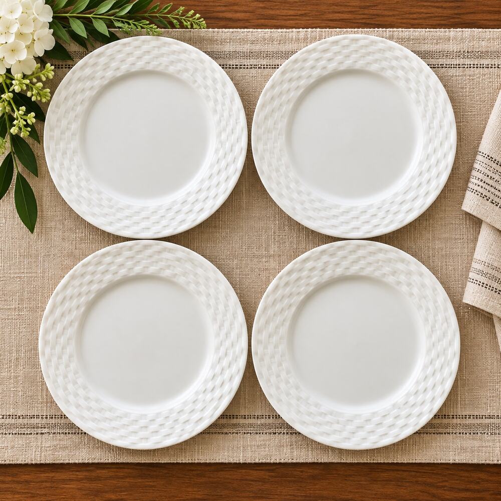 Gibson White Basket Weave Dinner Plates 10.5" Set of 4 Textured Farmhouse